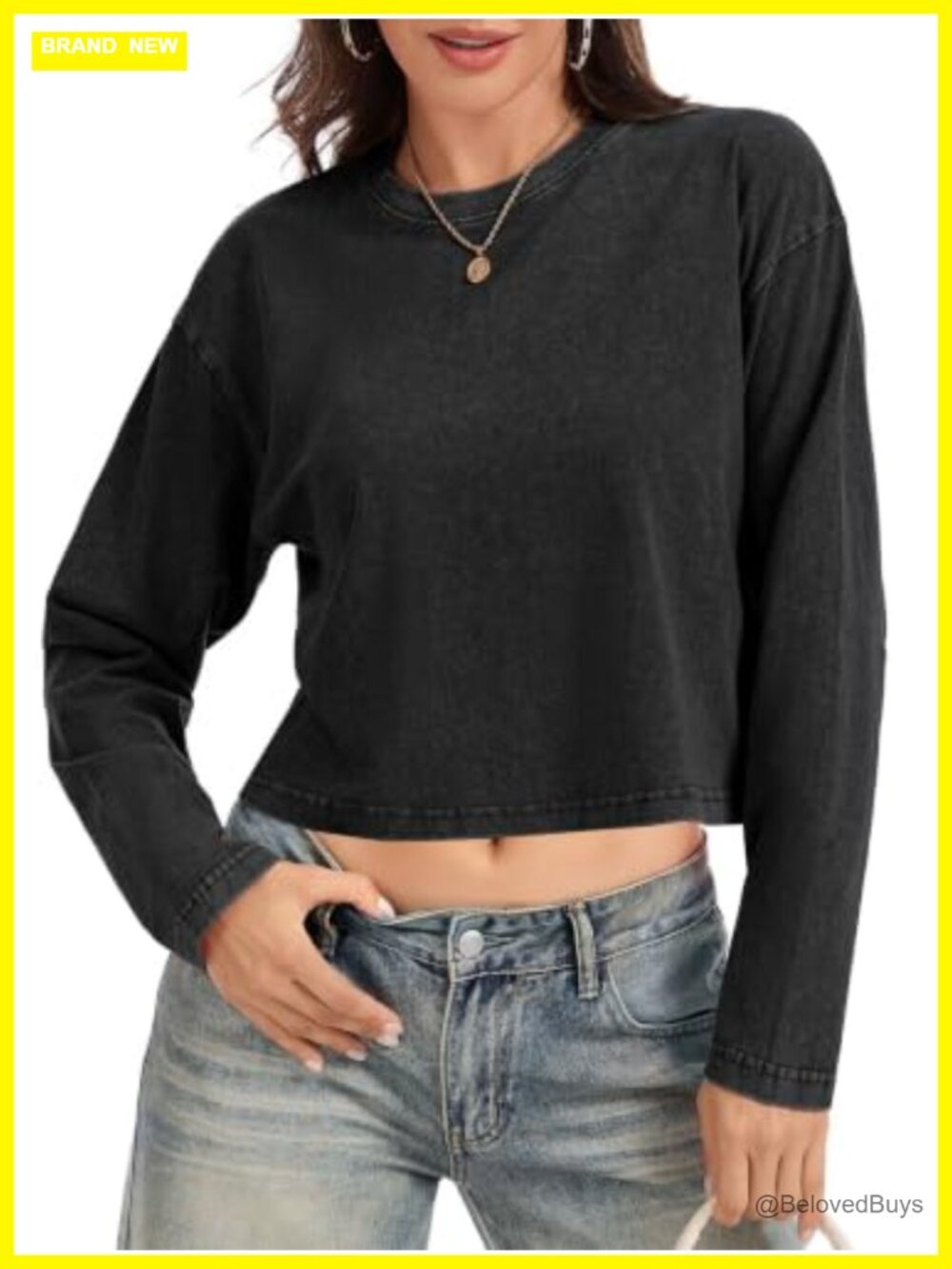 Long Sleeve Acid Wash Crop Top Oversized Cropped Tshirt